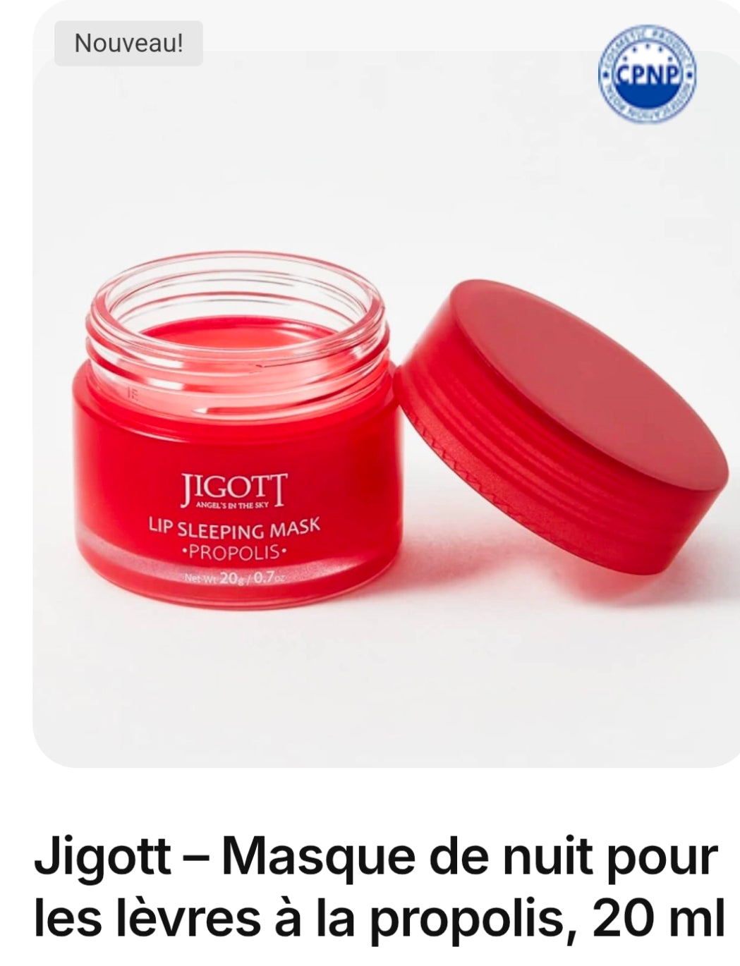 Jigott – Masque de nuit pour les lèvres à la propolis, 20 ml